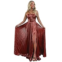 Basgute Sparkly Metallic Prom Dresses with Slit A Line Keyhole Satin Halter Long Formal Evening Party Gown for Women