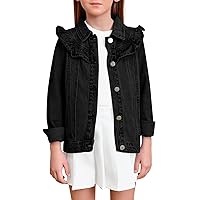 Haloumoning Girls Ruffle Jean Jackets Kids Button Denim Jacket Fashion Outerwear with Pockets