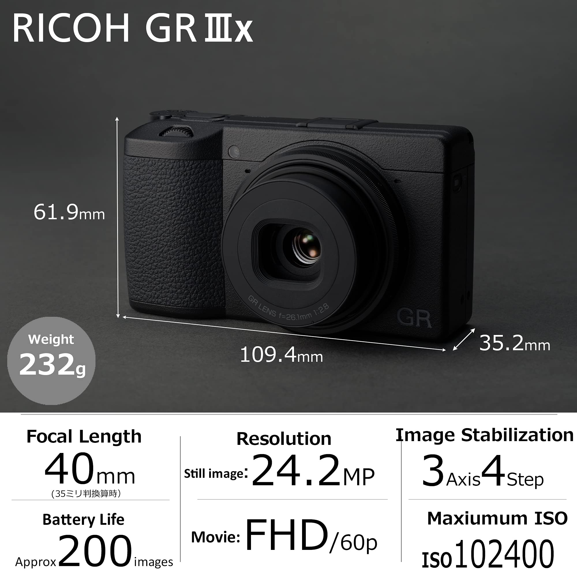 Ricoh GR IIIx, Black, Digital Compact Camera with 24MP APS-C Size CMOS Sensor, 40mmF2.8 GR Lens (in The 35mm Format)