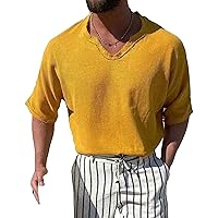 Men's Casual Loose Linen Cotton Shirt Solid Color Beach Hippie Tops Fashion V Neck 3/4 Sleeve Tee