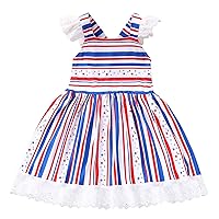 Girls Toddler Fly Sleeve Independence Day Dress Kids 4-of-July Star Stripe Backless Lace Princess A Line Dress