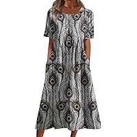 Midi Dresses for Women Casual Printed Summer Dresses Pleated Round Neck Daily Short Sleeve Loose Dresses