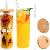 Glass Cups with Bamboo Lids and Straws, 20 OZ Drinking Glasses, Can Shaped Glass Cups, Reusable Clear Iced Coffee Cups for Smoothie, Juice, Milk, Whiskey, Soda, Tea, Water- 2 Pack