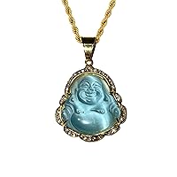 Men Women Jewelry Iced Laughing Light Blue Sky blue Jade Buddha Pendant Necklace Rope Chain Genuine Certified Grade A Jadeite Jade Hand Crafted, Jade Necklace, 14k Gold Over Laughing Jade Buddha Necklace, Skyblue Jade Medallion, Fast Prime Shipping