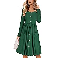 Andongnywell Women's Long Sleeve Casual Button Down Solid Color Loose Swing Dress with Pockets
