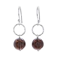 NOVICA Handmade Smoky Quartz Dangle Earrings Round Crafted Thailand .925 Sterling Silver Gemstone [1.1 in L x 0.3 in W] 'Ring Shimmer'