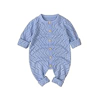 Newborn Baby Boys Girls Rompers Solid Knitted Clothes One Piece Jumpsuit-Blue 0-6 Months