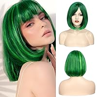 MORICA Green Bob Wigs for Women Short Bob Wig with Bangs 14 inch Straight Wigs Soft Synthetic Full Wigs for Daily Party