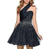 Women's Beaded Party Puffy Prom Dresses Short Sparkle Cocktail One Shoulder Homecoming Dresses