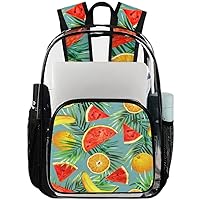 Summer Fruits Tropical Leaves Clear Backpack Heavy Duty Transparent Bookbag for Women Men See Through PVC Backpack for Security, Work, Sports, Stadium