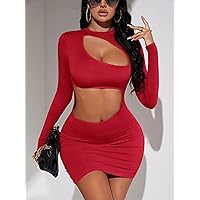Women Dresses Solid Cut Out Bodycon Dress (Color : Red, Size : Small)