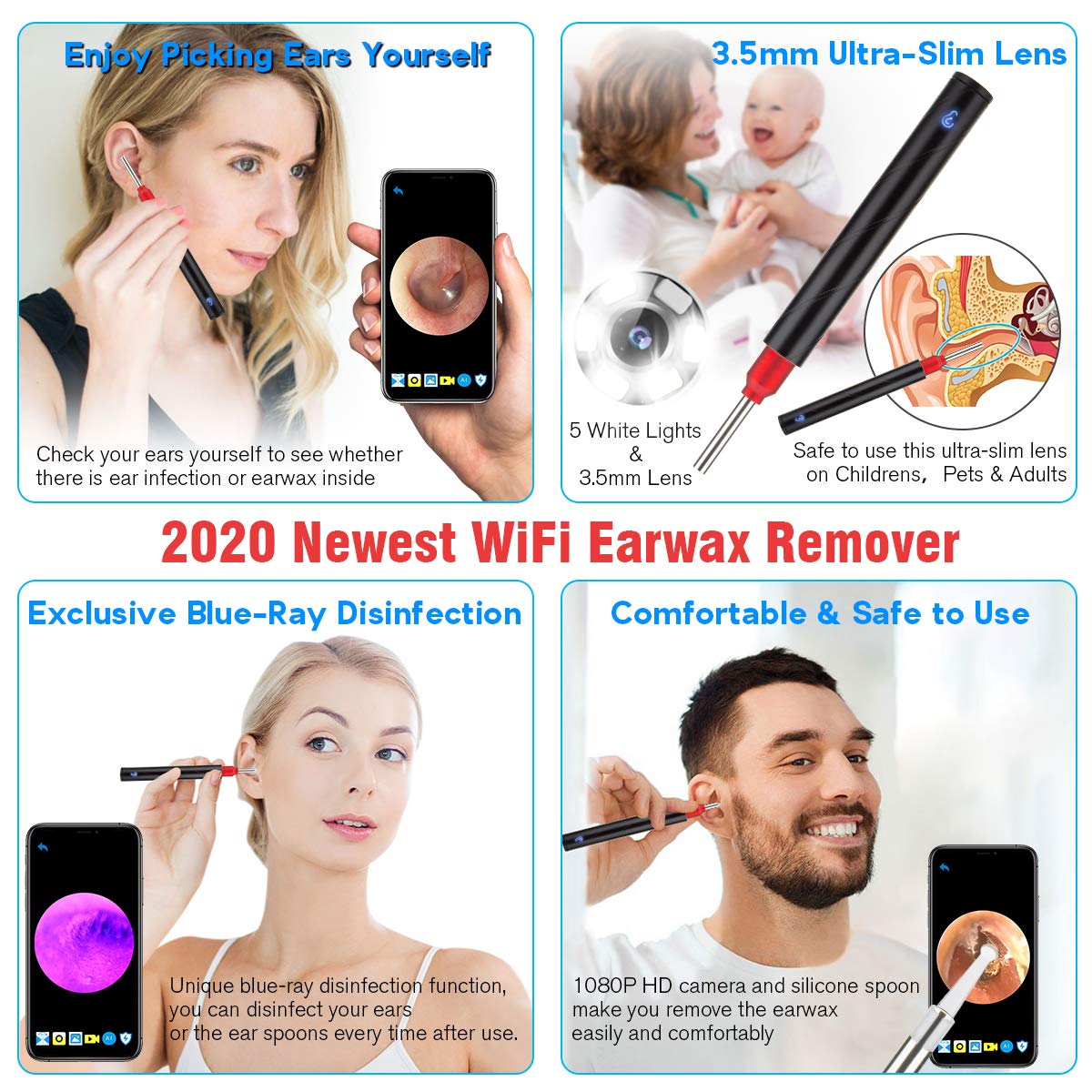 JOYGIFT Ear Wax Remover,Wireless Otoscope Earwax Removal Tool 1080P HD WiFi Ear Endoscope with LED Light,3.5mm Visual Ear Scope Camera Safe Ear Pick Ear Cleaning Endocsope Kit for Adults Kids & Pets