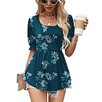 Women's Puff Sleeve Peplum Tunic Tops Casual Square Neck Flowy Blouse Floral Print Lace Shirt