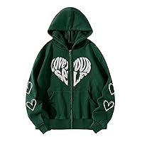 Women's Vintage Zip Up Hoodie Love Yourself Letter Print Sweatshirt Y2k Aesthetic Long Sleeve Jacket with Pockets