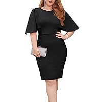 GRACE KARIN Women 3/4 Ruffle Sleeve Slim Fit Business Pencil Dress Black