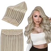 Full Shine One Piece Hair Extensions With Strings Invisible Wire Real Human Hair Extensions Ash Blonde Highlights Bleach Blonde 80 Grams Straight Invisible Hairpiece 16 Inch