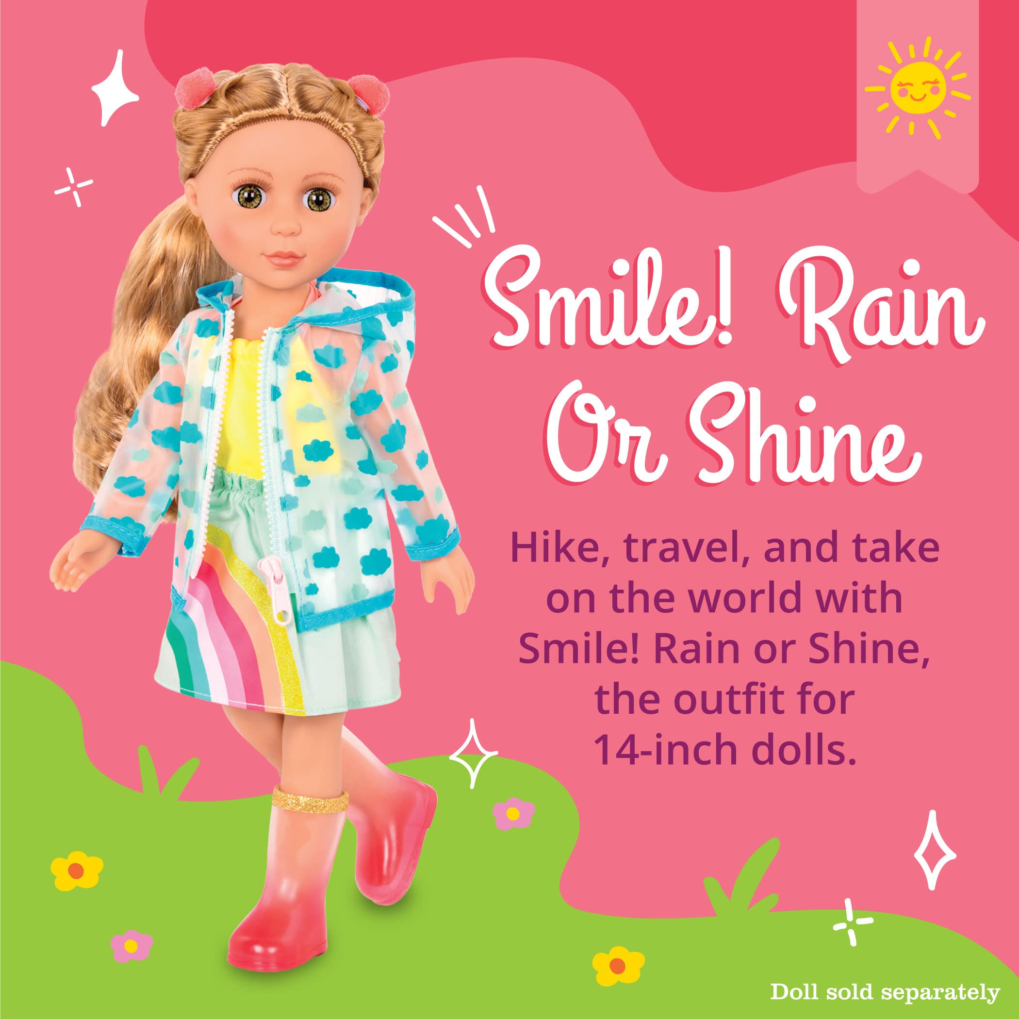 Glitter Girls – 14-inch Doll Clothes - Smile! Rain Or Shine Outfit – Rainbow Dress, Hair Clips, Raincoat, and Rain Boots – Toys, and Accessories for Kids Ages 3 & Up