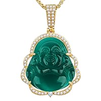 VIKCAUX Buddha Necklace Green Jade Lucky Buddha Pendant with 14K Gold Plated Chain Luxury Bling Laughing Buddah Neckless for Women Men