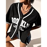 Women's Tops Women's Shirts Sexy Tops for Women Letter Graphic Striped Trim Blouse (Color : Black, Size : Medium)