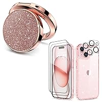 MIODIK Bundle - for iPhone 15 Plus Case Clear Glitter (Pink) + Phone Ring Holder (Rose Gold), with 2Pcs Screen Protector & 2Pcs Camera Lens Protector, Protective Shockproof for Women