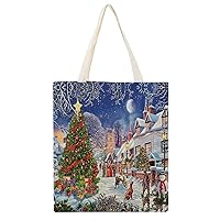 Christmas Village Scenery Canvas Bag, Fashion Handbag, Large Capacity, Shoulder Bag, Cute Tote Bag, Double-Sided Printing Pattern Bag, A4 Men's, Women's, Eco Bag, Shopping Bag, Popular, Going Out Bag,