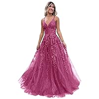 Eightale Tulle Lace Appliques Sparkly Prom Dresses A Line with Slit V Neck Formal Party Dress