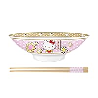 Sanrio Hello Kitty Pink and Gold Japanese Pattern with Flowers Ceramic Ramen Noodle Rice Bowl with Chopsticks, Microwave Safe, 30 Ounces