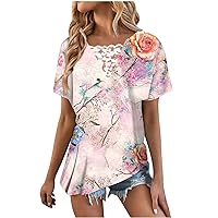 Women Boho Flower Button Ruched Asymmetrical Tops Summer Lace Patchwork V Neck Short Sleeve Fashion Casual Blouses