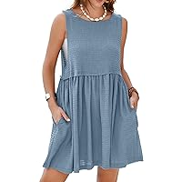Simplee Apparel Womens Sleeveless Flowy Summer Tunic Dress Crew Neck Casual Babydoll Mini Dresses with Pockets