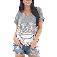 Summer Womens Sequins T-Shirts Fashion Casual Crewneck Oversize Tops Short Sleeve Comfy Soft Tunic Loose Fit Blouses