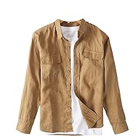 Men's Casual Linen Shirt with Collar and Patch Pockets, Loose Long Sleeves