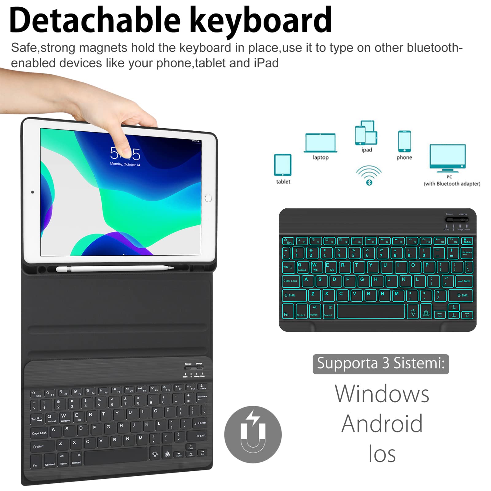 BORIYUAN New iPad 10.2 9th 8th 7th Generation 2021 Keyboard Case, 7 Colors Backlit Detachable Keyboard Slim Leather Folio Smart Cover for iPad 10.2 Inch/iPad Air 10.5