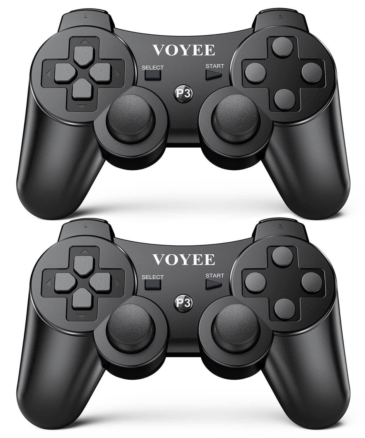 VOYEE Wireless Controller Compatible with Playstation 3, 2 Pack PS-3 Controller with Upgraded Joystick/Rechargerable Battery/Motion Control/Double Shock (Black)