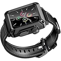 Men Women Fashion Leather Watch Band+Watch Case，For Apple Watch Series 7 6 5 4 SE 44mm 40mm，2 in 1 Drop-proof Glass Metal Case Mod Kit，For iWatch 3 2 42mm 38mm