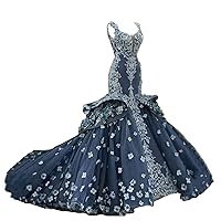 Navy Blue Gorgous Mermaid Flowers Prom Evening Wedding Dress Shower Gown