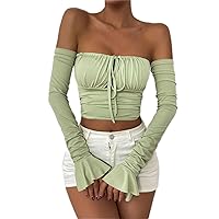 Sexy Off Shoulder Knot Front Flare Sleeve Ruched Crop Top
