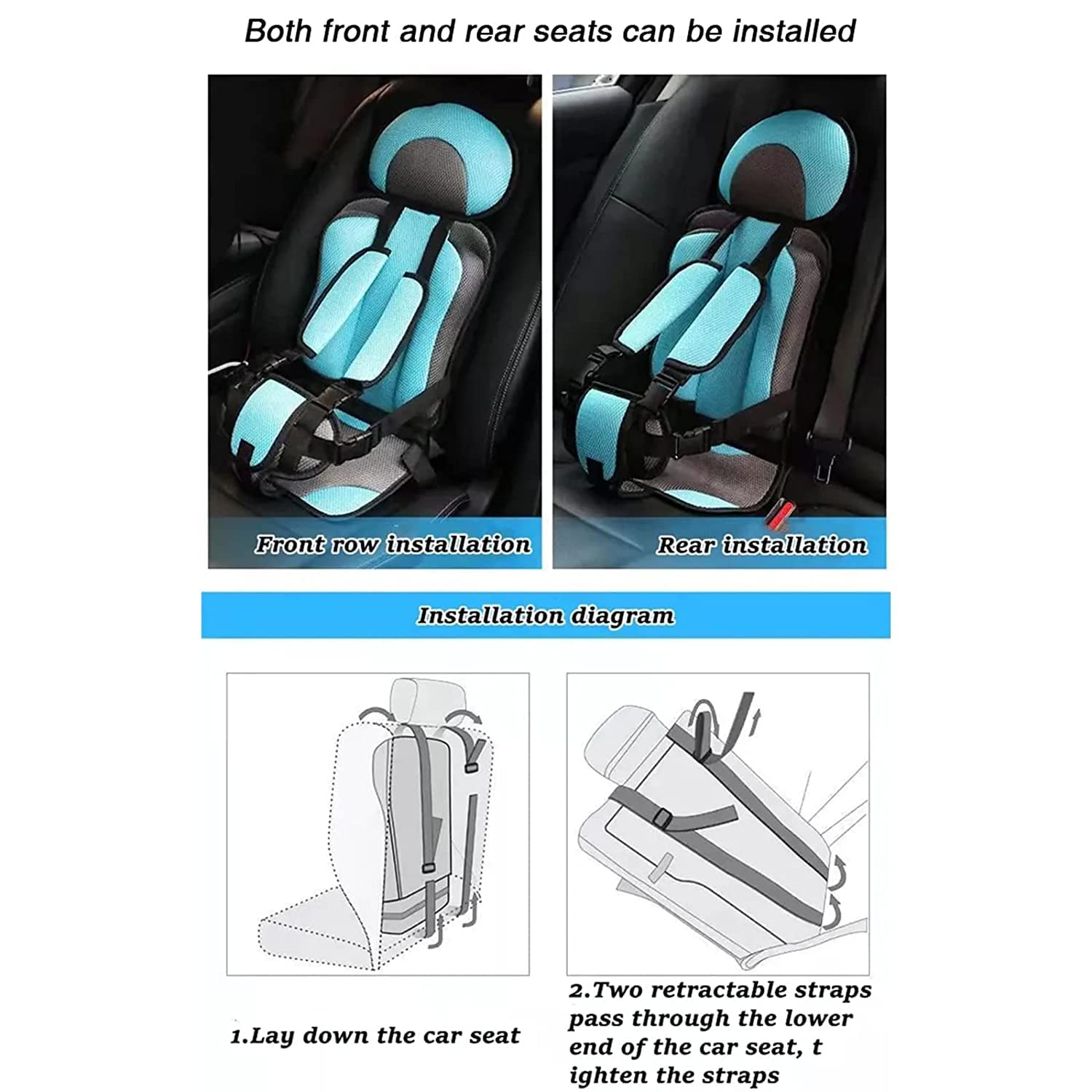 Auto Child Safety Seat Simple Car Portable Seat Belt,Foldable Car Seat Protection Travel Accessories for Kids 0-12,Car Seat Liner for Infant (Black, Big(22.1 * 13.4 * 9.5in))