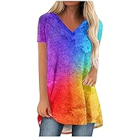 2024 Treny Gradient Tops for Women, Ladies Plus Size Casaul Loose Tunic Top Short Sleeve V Neck Summer T Shirt Blouse