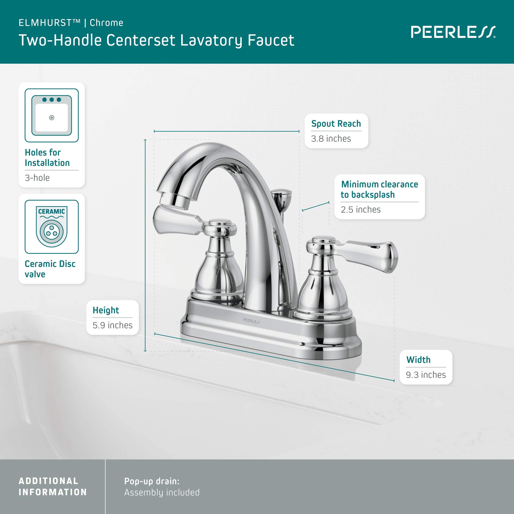 Peerless P2565LF Elmhurst Two-Handle Bath Faucet Centerset, Chrome