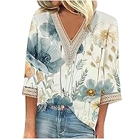 3/4 Sleeve Tops for Women Trending Lace V Neck Shirts Elegant Floral Print Short Sleeve Shirt Work Going Out Tops