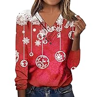 Women's Long Sleeve Tops Fall V Neck Blouses Loose Fit Button Christmas Day Prints Casual Tees Clothes, S-3XL