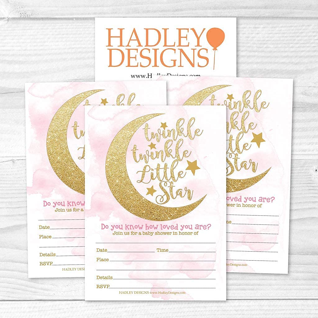 25 Twinkle Twinkle Girl Baby Shower Invitations, 25 Baby Shower Diaper Raffle Tickets For Baby Shower Girl, Moon Clouds Fill or Write in Blank Card, Diaper Raffle Cards, Baby Shower Invitation Inserts