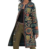 Women's Fashion Loose Fit Vintage Printed Mid-Length Trench Coat Casual Open Front Cardigan Elegant Retro Jackets