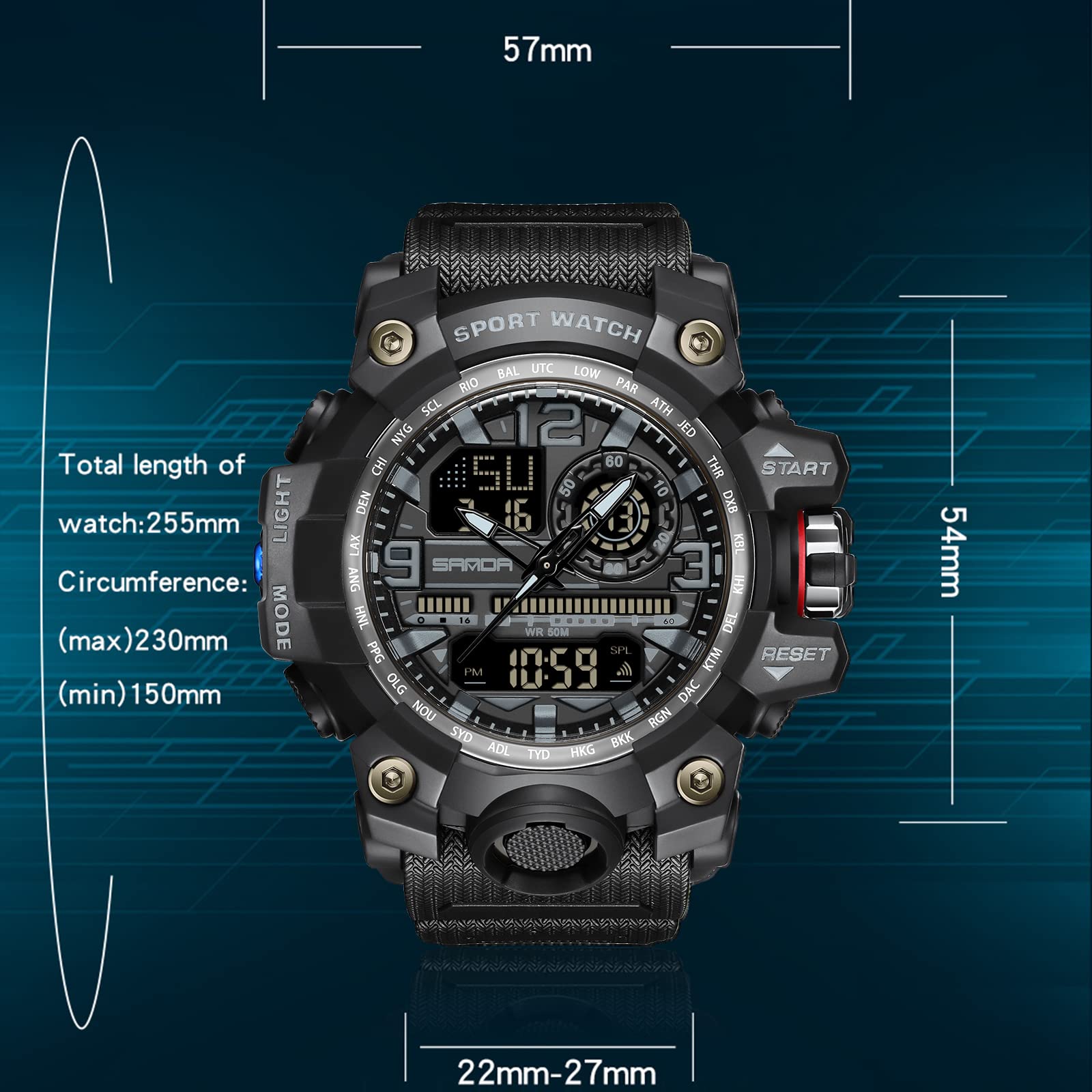 WISHFAN Men’s Military Watch, Dual-Display Waterproof Sports Digital Watch Big Wrist for Men with Alarm