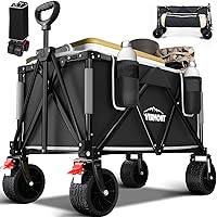 Overmont Collapsible Wagon Cart with Wheels - All-terrian 3.2in Wide Wheels - Foldable 150L Large Capacity with Side Pockets for Camping Sports Garden Grocery Shopping - 265lbs Load