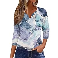 Summer Tops for Women 2024 3/4 Sleeve Print Graphic Ladies Tops and Blouses Henley Neck Womens Dressy Tops Y2k T Shirt