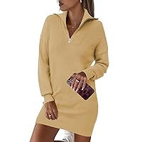 Pink Queen Women's 2023 Fall Sweater Dresses Zip Up Collar V Neck Long Sleeve Loose Ribbed Knit Mini Short Dress