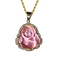 Men Women Ladies Jewelry Iced Laughing Cute Pink Jade Buddha Pendant Necklace Rope Chain Genuine Certified Grade A Jadeite Jade Hand Crafted, Jade Necklace, 14k Gold Filled Laughing Pink Jade Buddha Necklace, Jade Medallion, Fast Prime Shipping