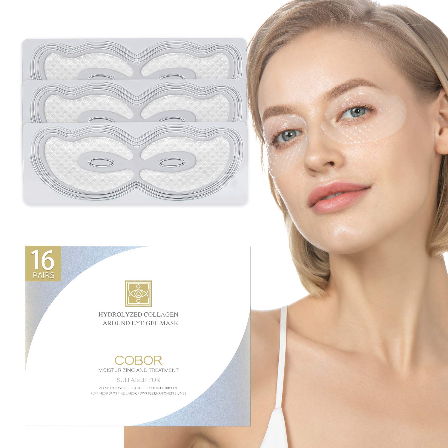 COBOR Hydro Collagen Eye Mask Crystal Eye Patches Anti-Aging Under eye Pads Natural Eye Treatment for Wrinkles Dark Circles Bags Moisturize Puff Eye Spa-16 Pairs