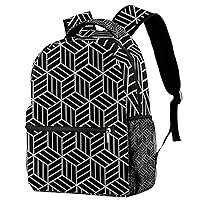 Japanese-Inspired Black Geometric Pattern Durable Laptops Backpack Computer Bag for Women & Men Fit Notebook Tablet